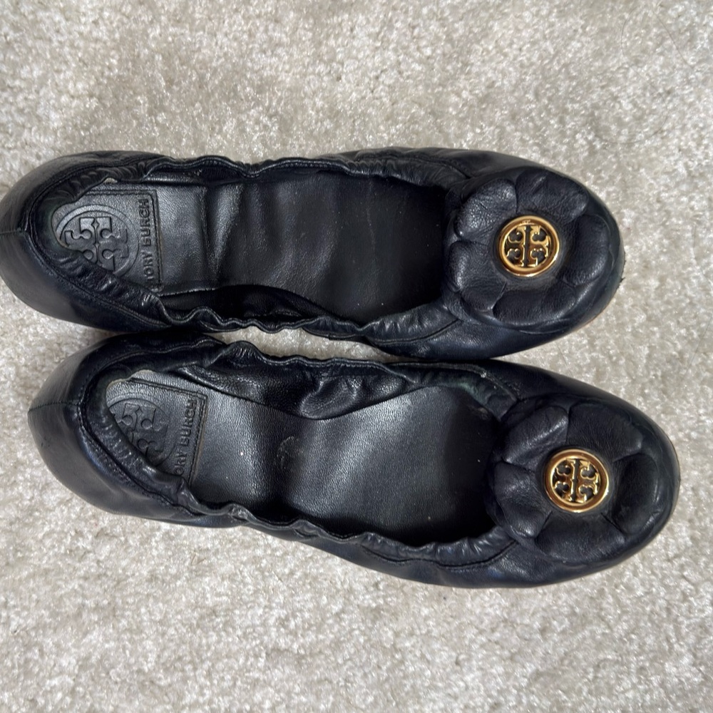 Tory Burch Black Quilted Leather Flats